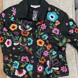 Anage Black Jacket with Colorful Floral Embroidery